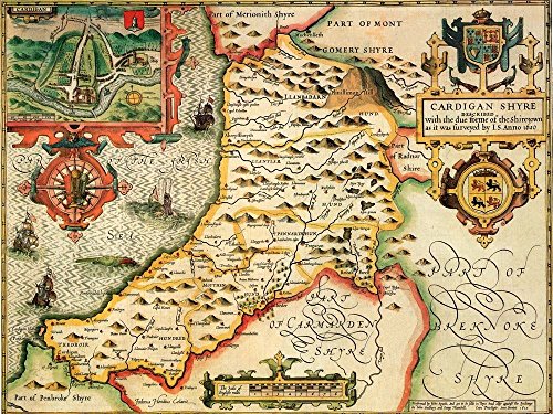 1610 historical map of Cardiganshire, Wales, with decorative crests and illustrations.