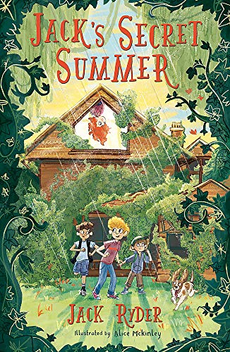 Book cover: three children and a dog stand before a leafy house.