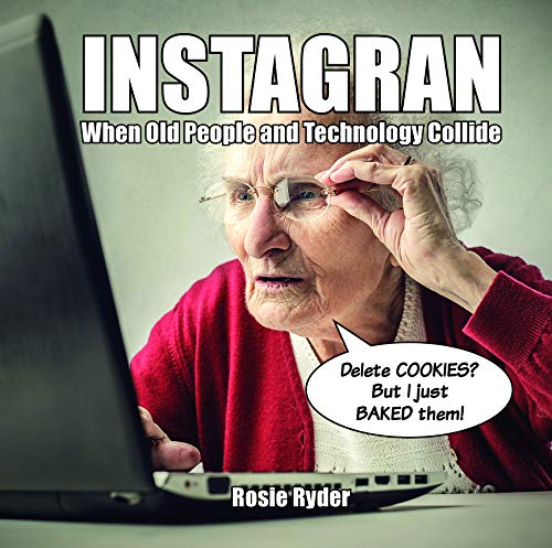 "Book cover featuring an elderly woman using a laptop with a puzzled expression."