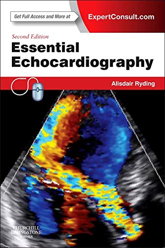 Book cover: “Essential Echocardiography,” second edition, with heart ultrasound image.