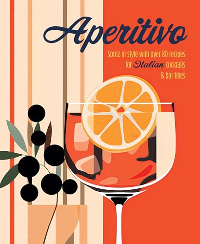 Book cover illustration of an orange cocktail with a slice of orange and olives.