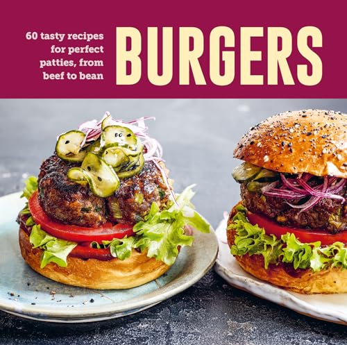Cookbook cover titled Burgers with two stacked gourmet burgers on plates.