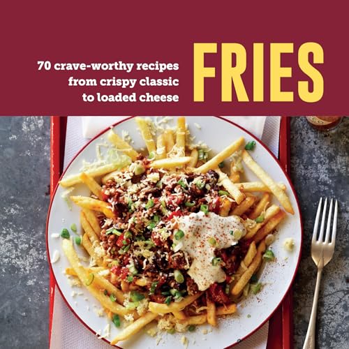 Cookbook cover featuring loaded fries with toppings, fork, and red background.