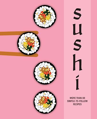 Book cover with four sushi rolls on a pink background and chopsticks holding one.