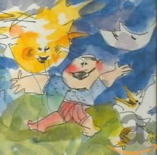 WatercolorCrayon drawing of a smiling child with arms open under a bright yellow sun.