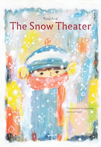 A child in a blue hat and red scarf stands in falling snow.