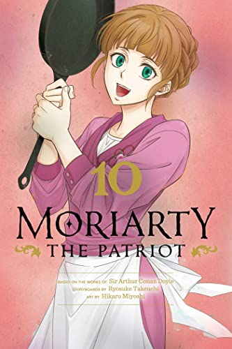 Anime-style woman in a pink top and apron holding a frying pan.