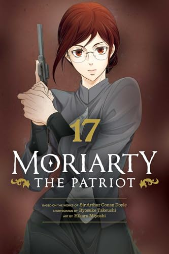 Manga cover featuring a woman with glasses holding a handgun, titled Moriarty the Patriot.