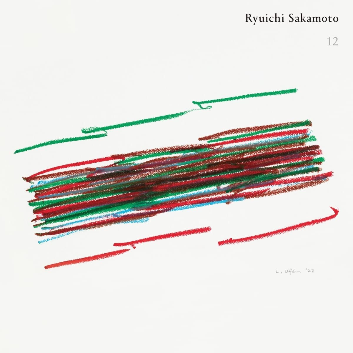 Ryuichi Sakamoto’s “12” vinyl cover: abstract, colorful crayon-like strokes on beige.