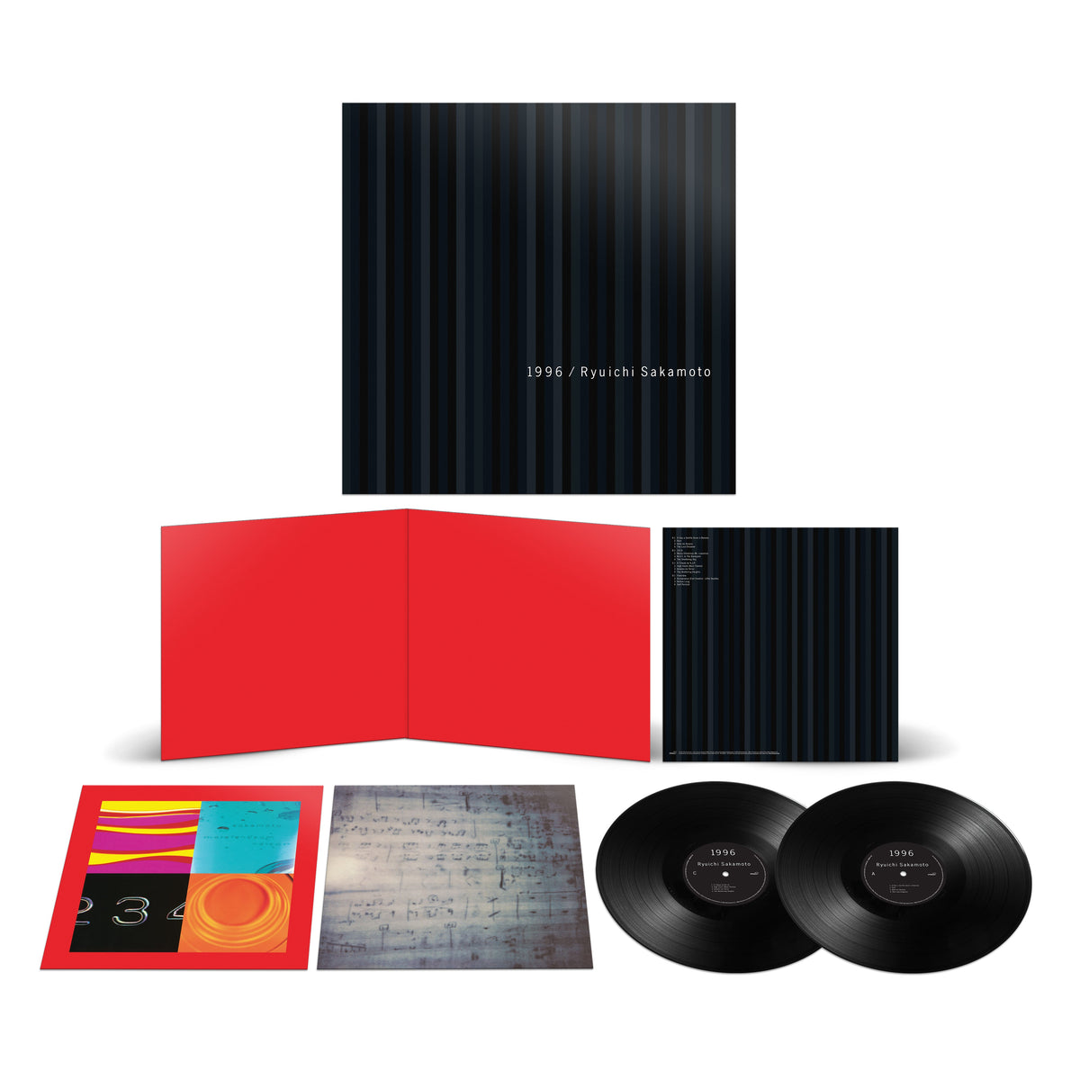 Ryuichi Sakamoto "1996" vinyl record packaging with two black LPs and artwork.