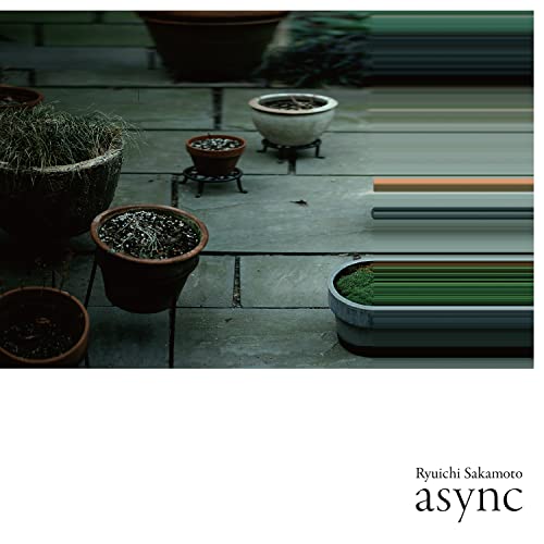 Potted plants on a stone patio with digital glitch effects and album text below.