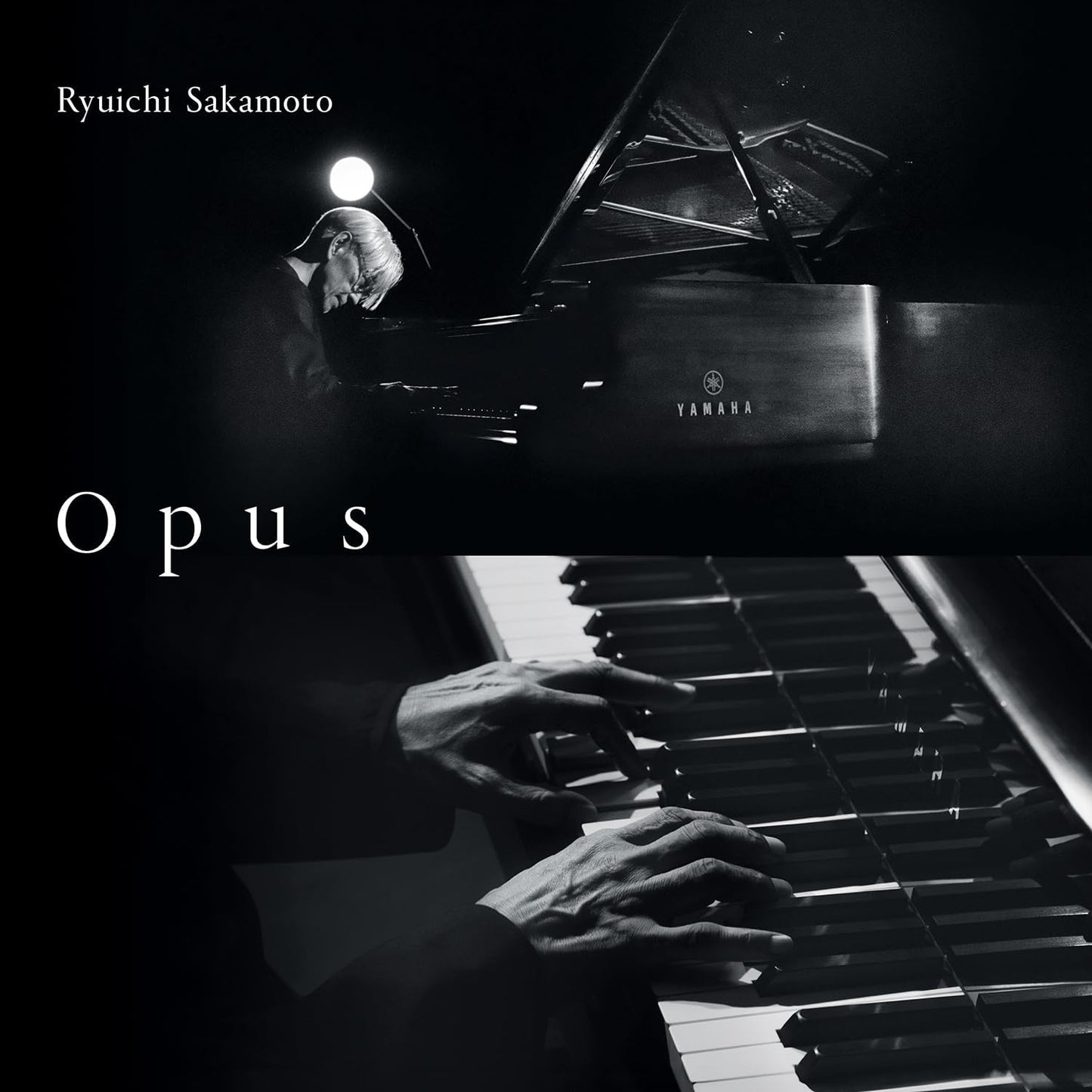 Black and white album cover featuring Ryuichi Sakamoto at a piano.