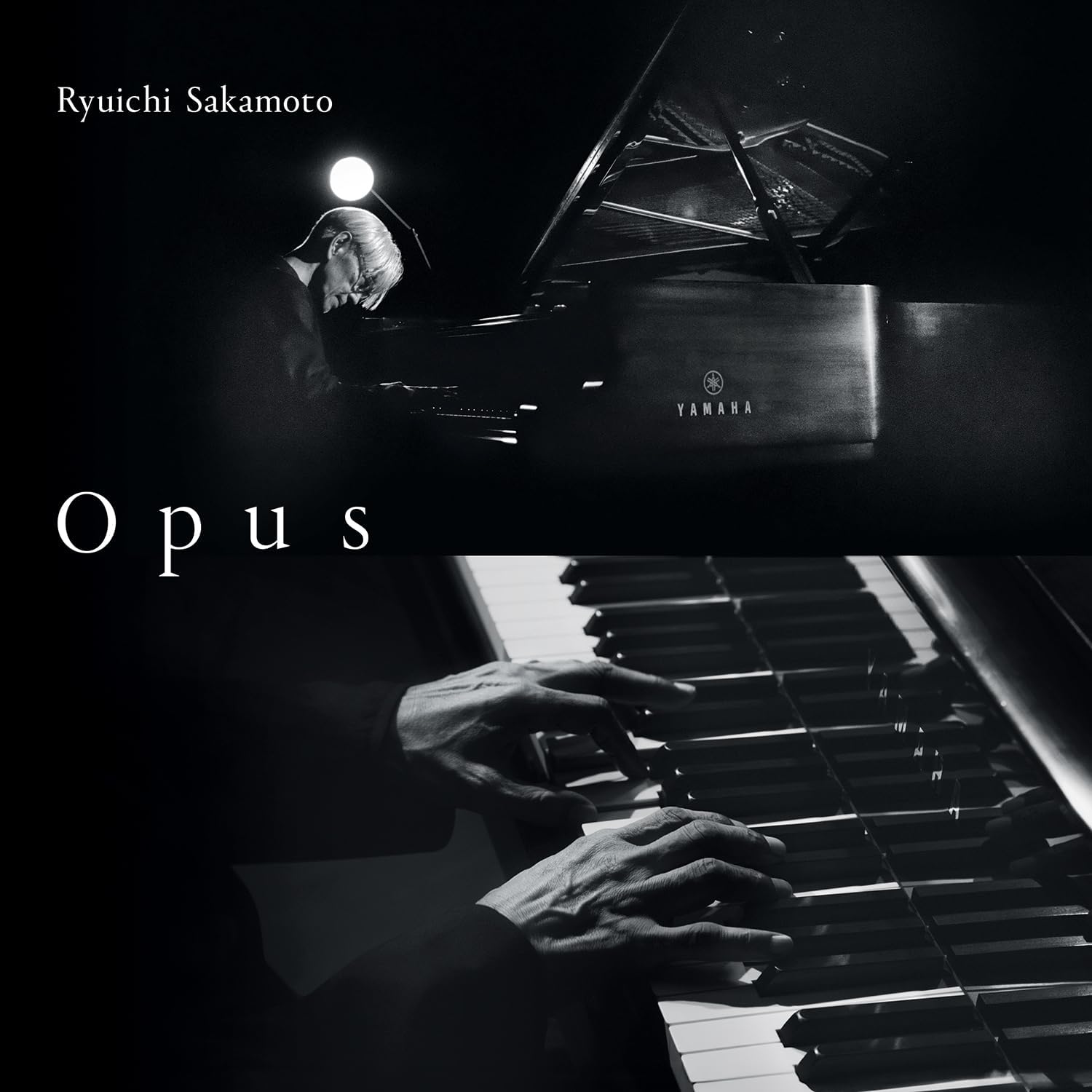 Black and white album cover featuring Ryuichi Sakamoto at a piano.