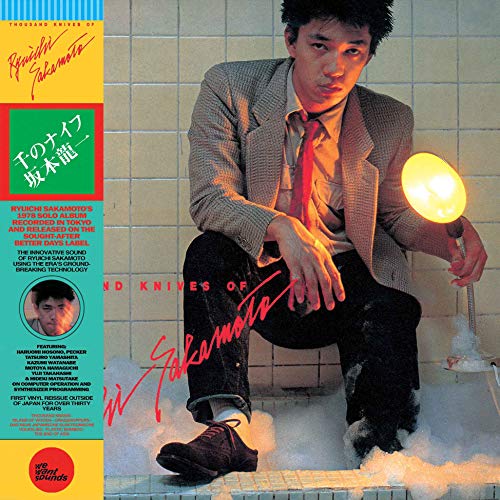 Album cover for Sakamoto Ryuichi’s “Thousand Knives,” featuring a seated man.