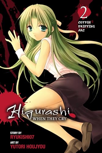 Manga cover: green-haired girl, blood splatters, "Higurashi When They Cry" title.
