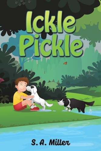 Book cover: boy, white dog, black dog, and a green, leafy background.
