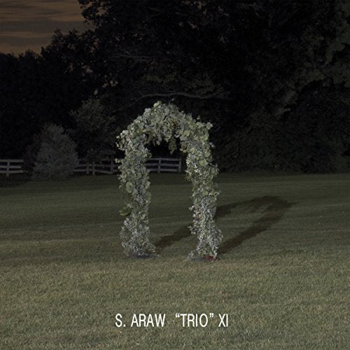 Floral archway illuminated at night in a grassy field.