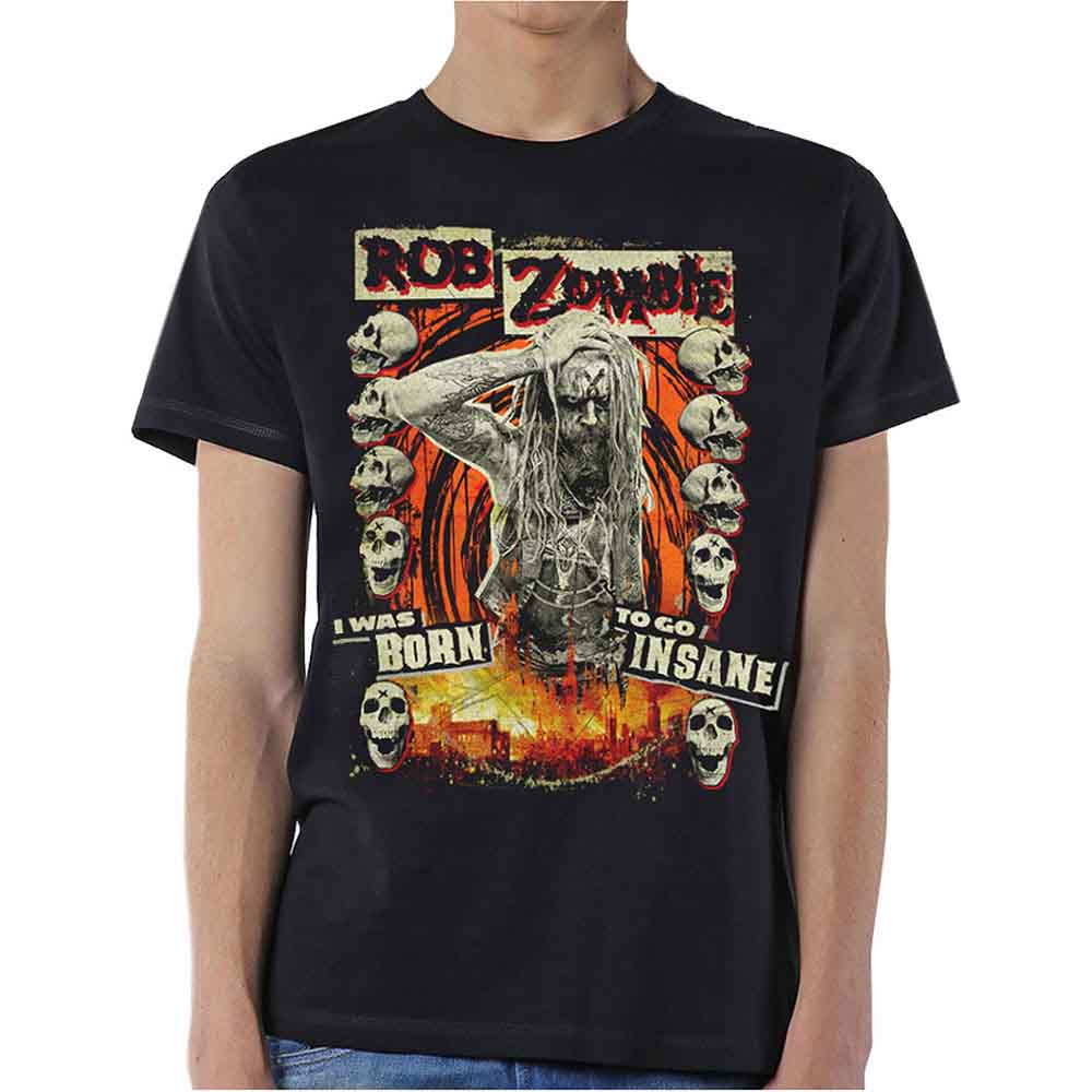 Black t-shirt with a graphic of skulls and a zombie-like figure.
