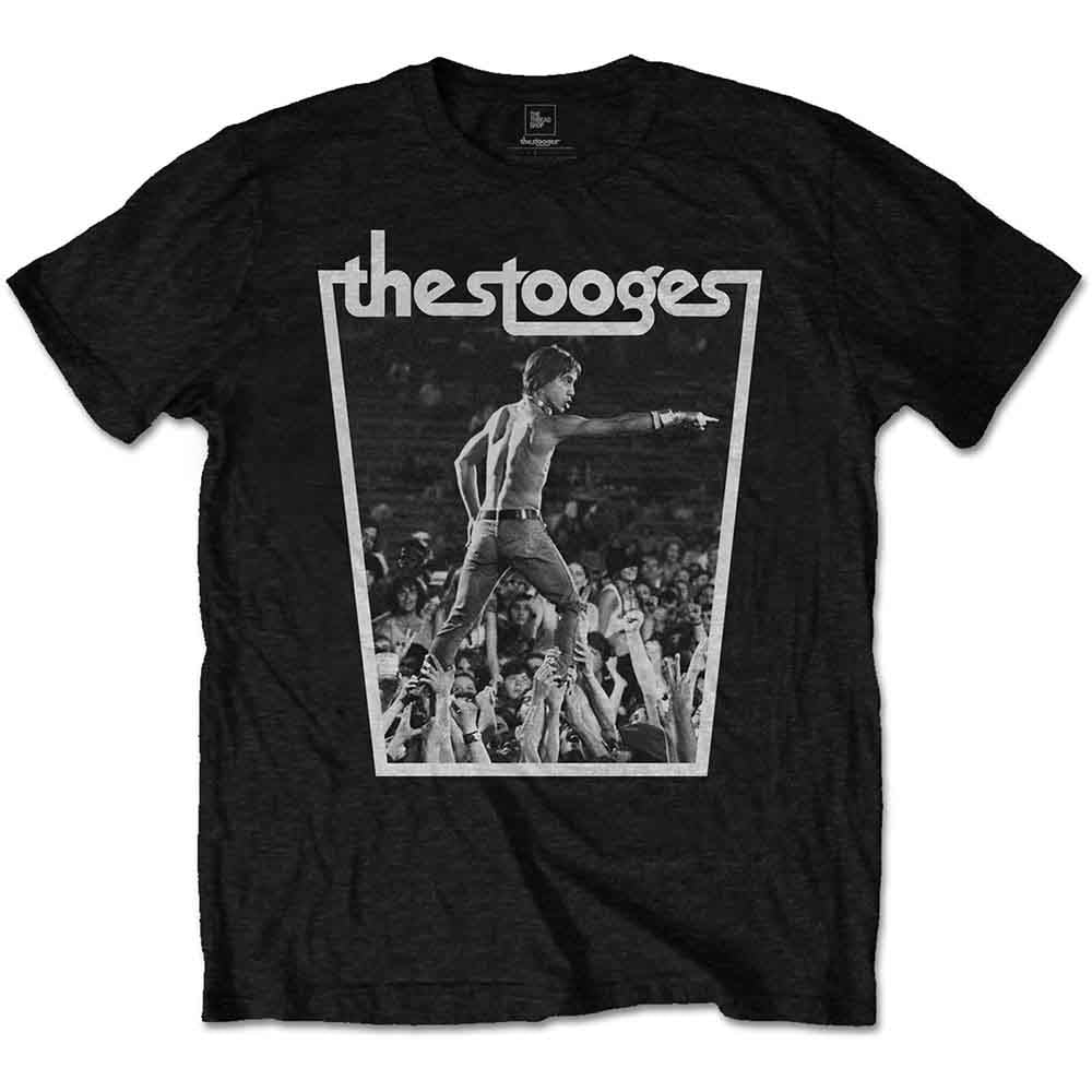 Black t-shirt with a black and white image of a concert performer.