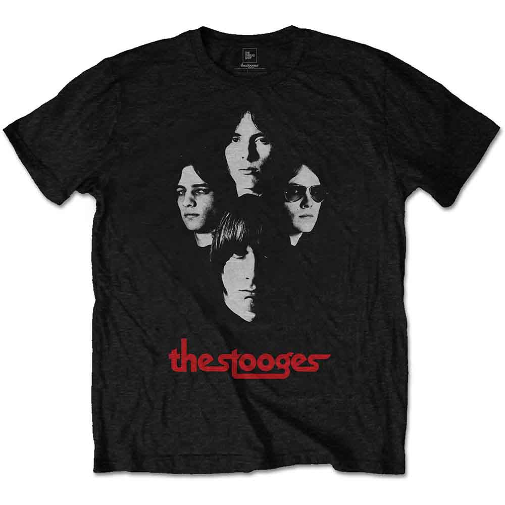 Black t-shirt with a faded group portrait and "the stooges" text.