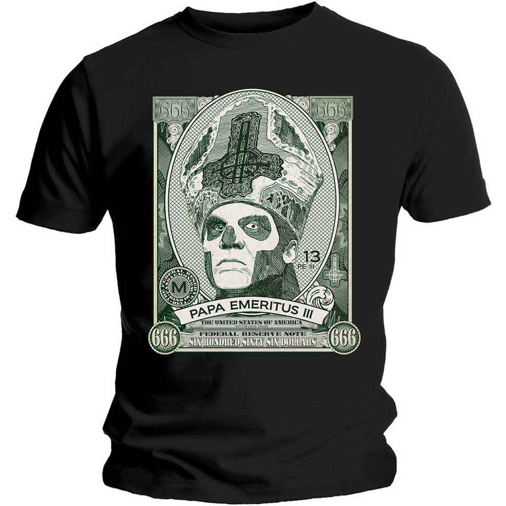 Black t-shirt with a graphic of Papa Emeritus III resembling currency.