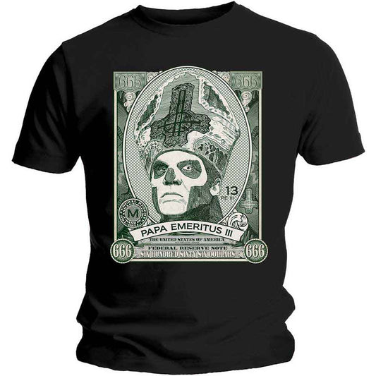 Black t-shirt with a graphic of Papa Emeritus III resembling currency.