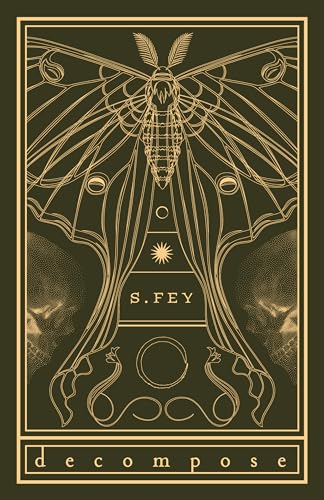 Book cover: gold moth illustration on dark green, with skull details.