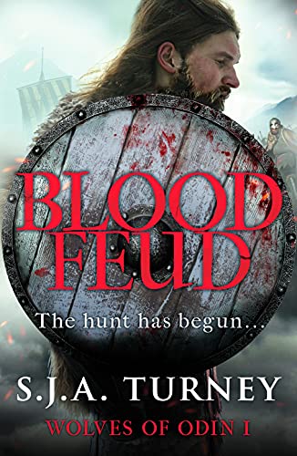 Bearded warrior with shield, book cover for “Blood Feud (Wolves of Odin)”.