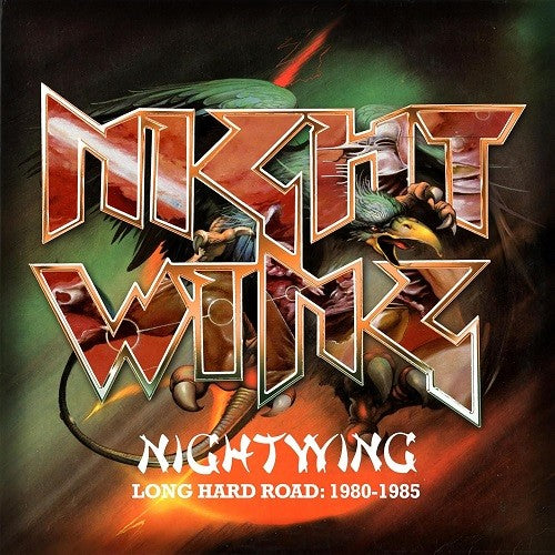 Nightwing album cover: metallic logo, eagle claw, and smoky red background.