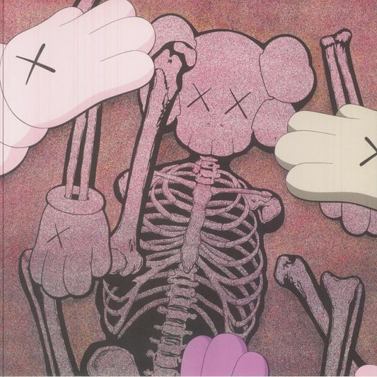 Pink cartoon skeleton with X eyes, against a textured red background.