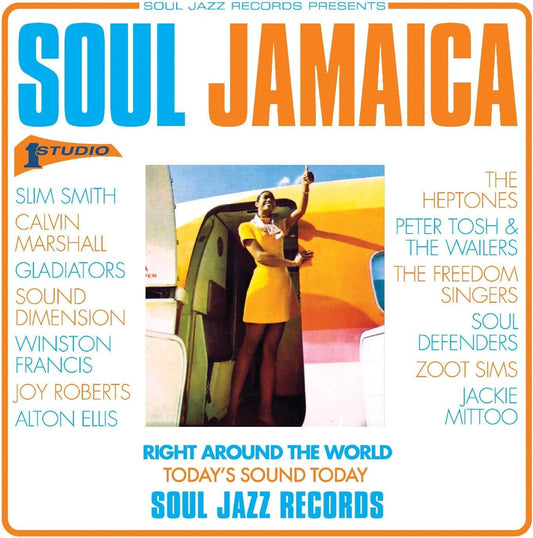 CD cover for Soul Jamaica featuring a woman in a yellow dress boarding a plane.