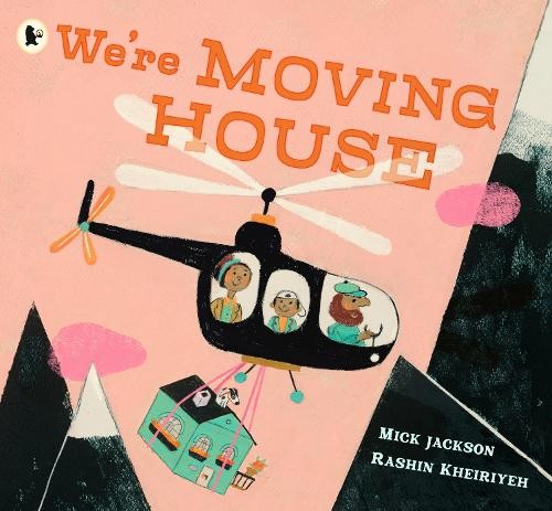 Children in a helicopter lift a small house over mountains.