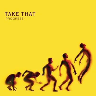 Take That "Progress" CD cover: silhouetted figures in dynamic poses on yellow.