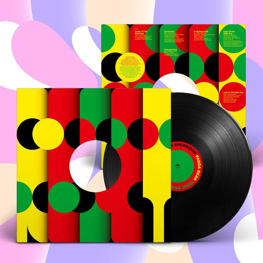 Vinyl record with colorful geometric design, featuring circles and bold stripes.