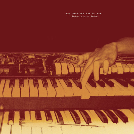 Hand playing a vintage keyboard with text: "The American Analog Set".