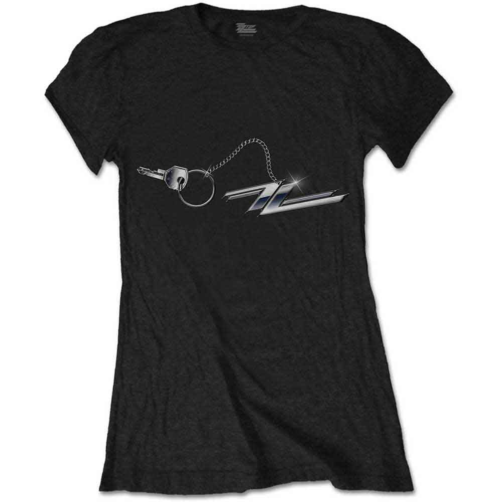 Black women's t-shirt with a silver hot rod keychain graphic.