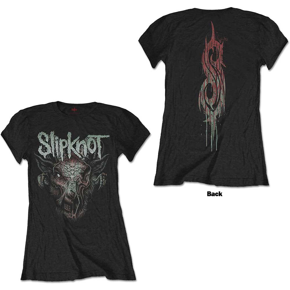 Black ladies t-shirt featuring a Slipknot logo above a graphic of a goat skull.
