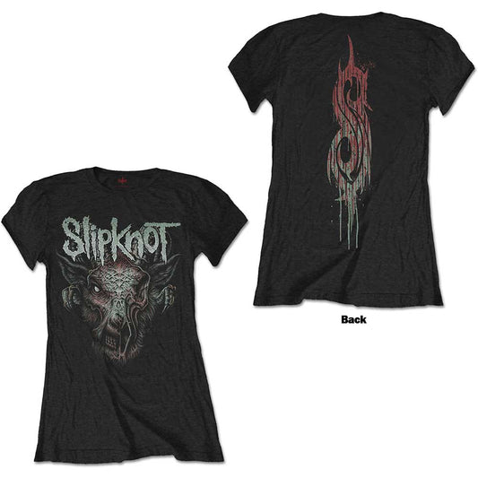 Black ladies t-shirt featuring a Slipknot logo above a graphic of a goat skull.