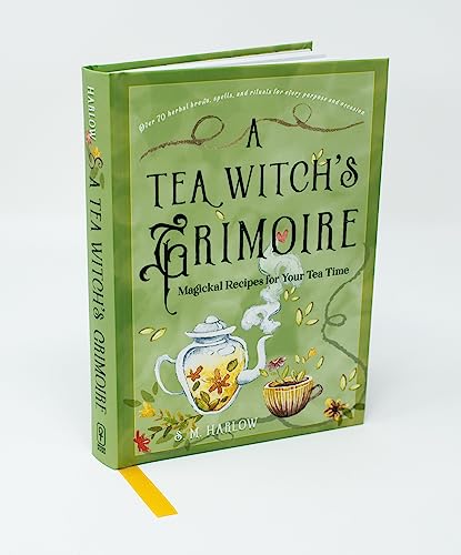 Hardcover book titled A Tea Witch's Grimoire with green cover and tea-themed illustrations.