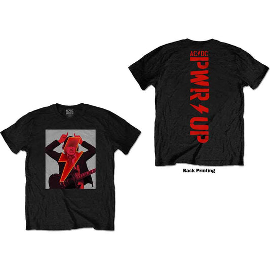 Black t-shirt with a graphic of Angus Young doing the finger horns.