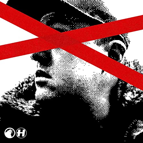Black and white portrait with red diagonal stripes, halftone pattern.