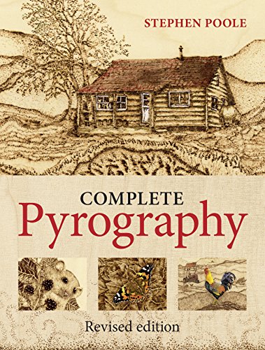 Book cover: "Complete Pyrography" with a wood-burned cottage illustration.