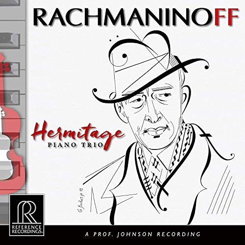 CD cover featuring a black and white line drawing of Sergei Rachmaninoff.