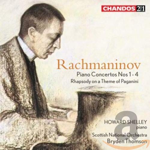 CD cover featuring a sketch of Rachmaninov and text for his piano concertos.