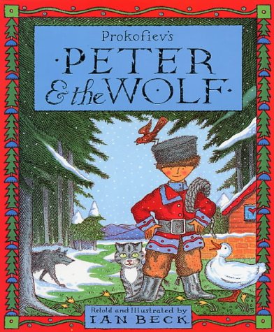 "Children's book cover featuring a boy, cat, bird, and wolf in a snowy forest."