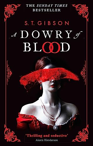 Book cover: woman with red lace blindfold, dark background, ornate details.