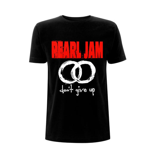 Black t-shirt with white and red Pearl Jam logo and text.