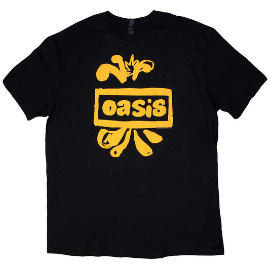 Blue t-shirt with a yellow, hand-drawn Oasis logo graphic on the chest.