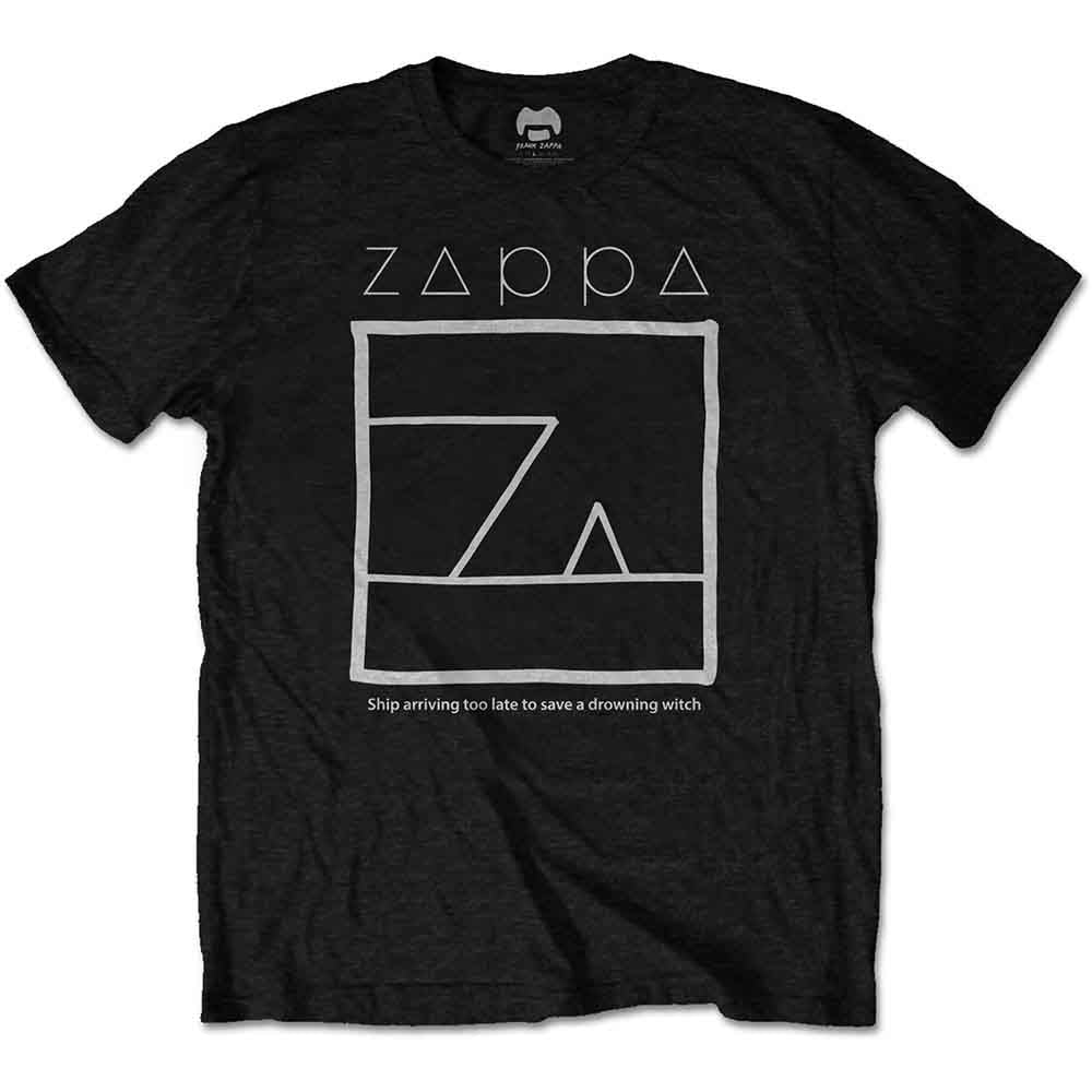 White t-shirt with geometric design and text: "Ship arriving too late...