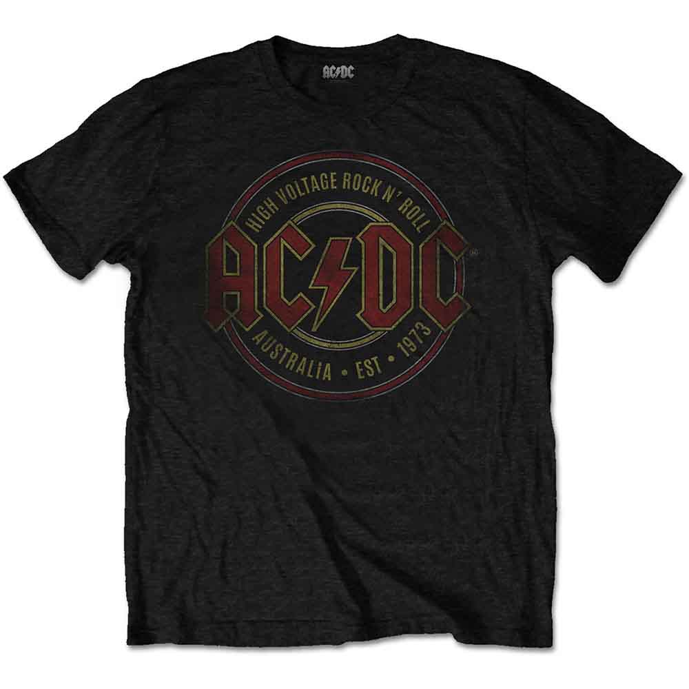 Black AC/DC t-shirt with red and gold logo graphic.